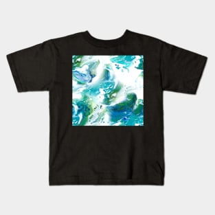 Blue, green, turquoise and white fluid Painting Pattern Kids T-Shirt